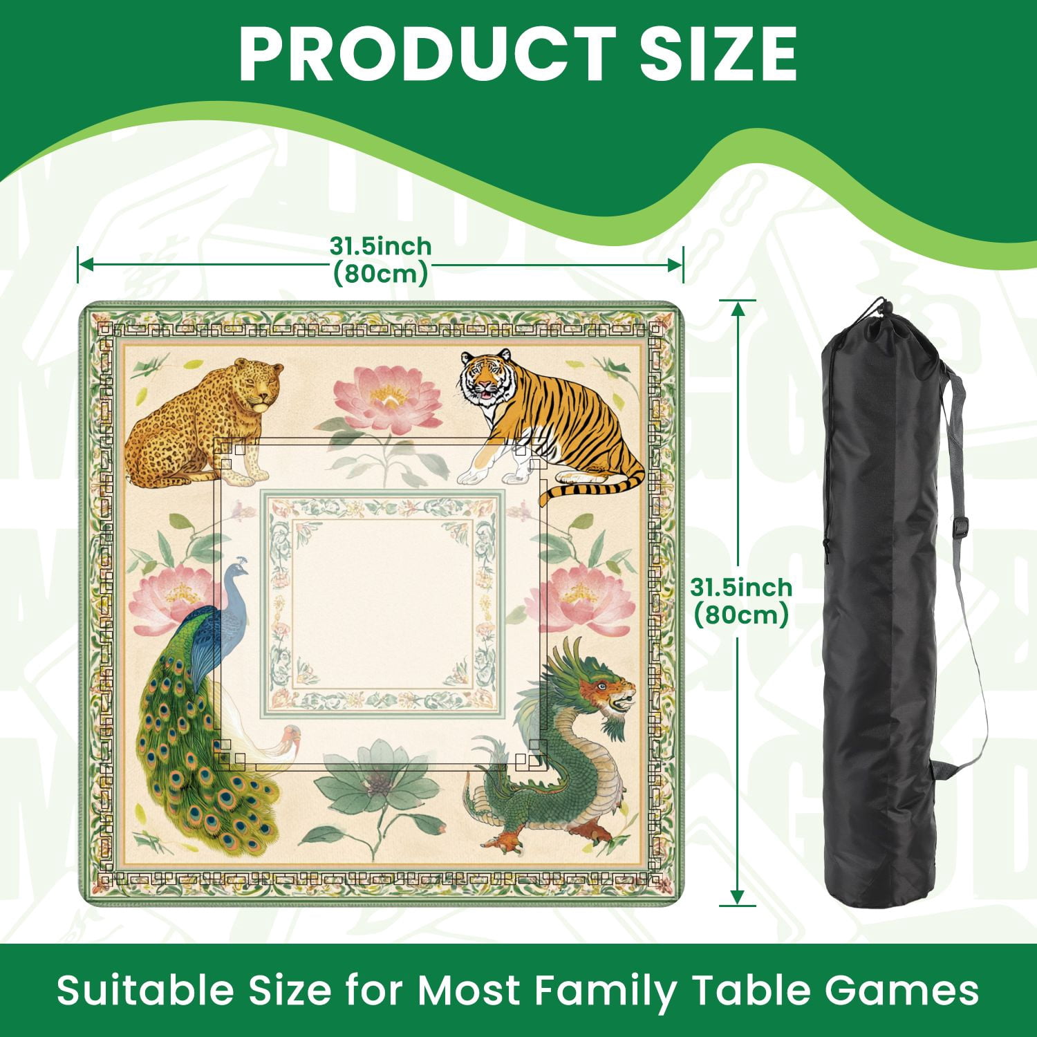 Mahjong Mat 31.5" x 31.5" Colorful Oriental Animal Flower Tiger Leopard Peacock Dragon Floral Non-Slip Noise Reduction American Mahjong Tiles Table Cover for Dominoes Poker Card Board Games Gift