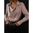 thumbnail image 4 of Women'S Elegant Satin Silk Blouse Cowl Neck Ruched Front Draped Long Sleeve Work Office Shirt Top Lotus Root Pink XL, 4 of 6