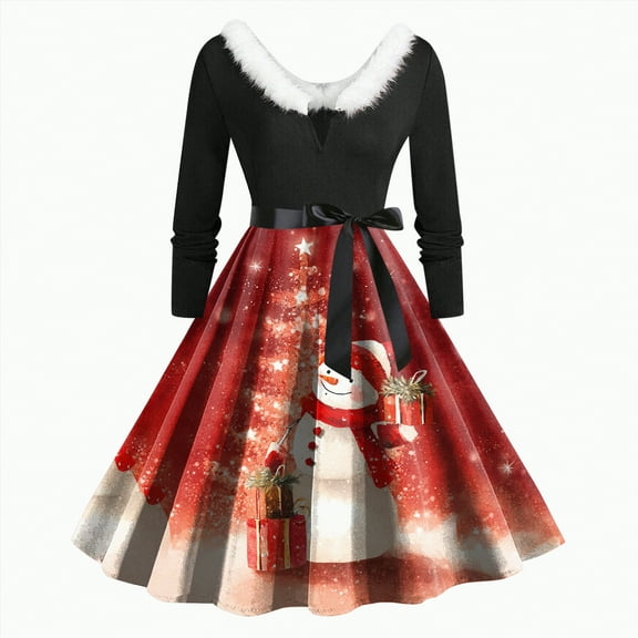 Drie Womens Christmas Dress Women's Christmas Dress Santa Print Collar Long Sleeve Holiday Dresses Vintage Xmas Dress with Bow-Knot Belt ,2XL