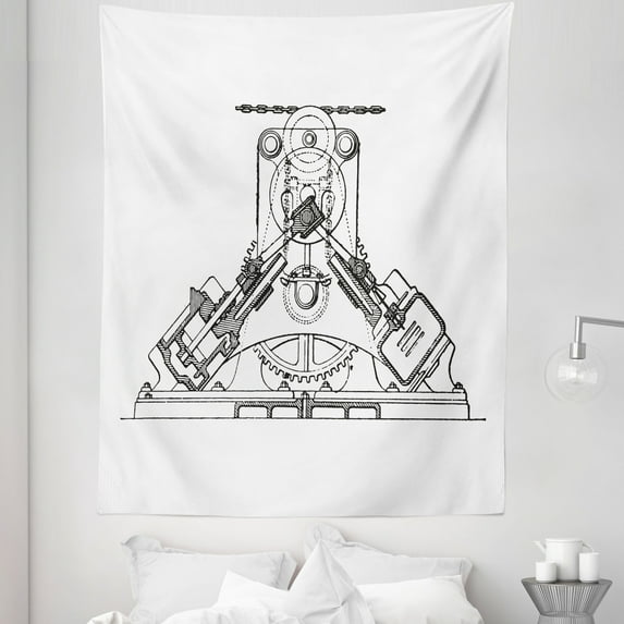 Engineering Theme Tapestry, Antique Vintage Mechanic Machine Inner Structure Sketching, Fabric Wall Hanging Decor for Bedroom Living Room Dorm, 5 Sizes, White Black, by Ambesonne