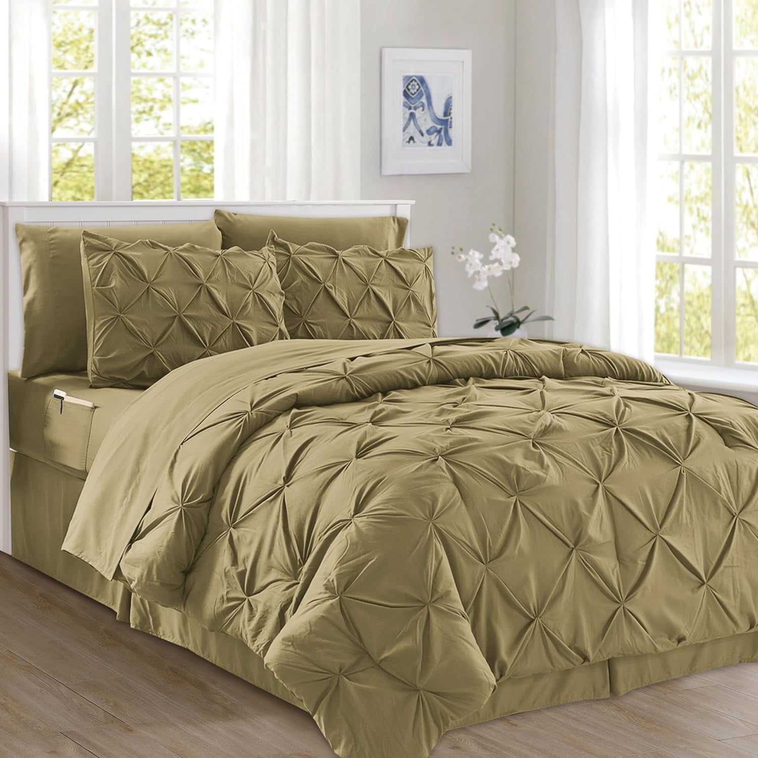 Elegant Comfort 8-Piece Pinch Pleated Comforter Set - All Season Bed in a Bag, Includes Smart Sheet Set, Bed Skirt, Comforter, Pillowcases & Shams, Twin/Twin XL, Khaki