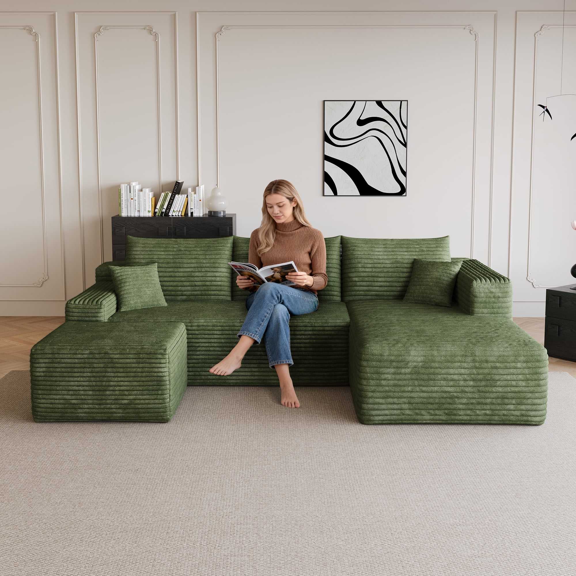 Cloud Sectional Sofa 95-Inch with Ottoman and U-Shaped Modular Design, Corner Couch and Deep Seat Living Room Set, No Assembly Required, Green