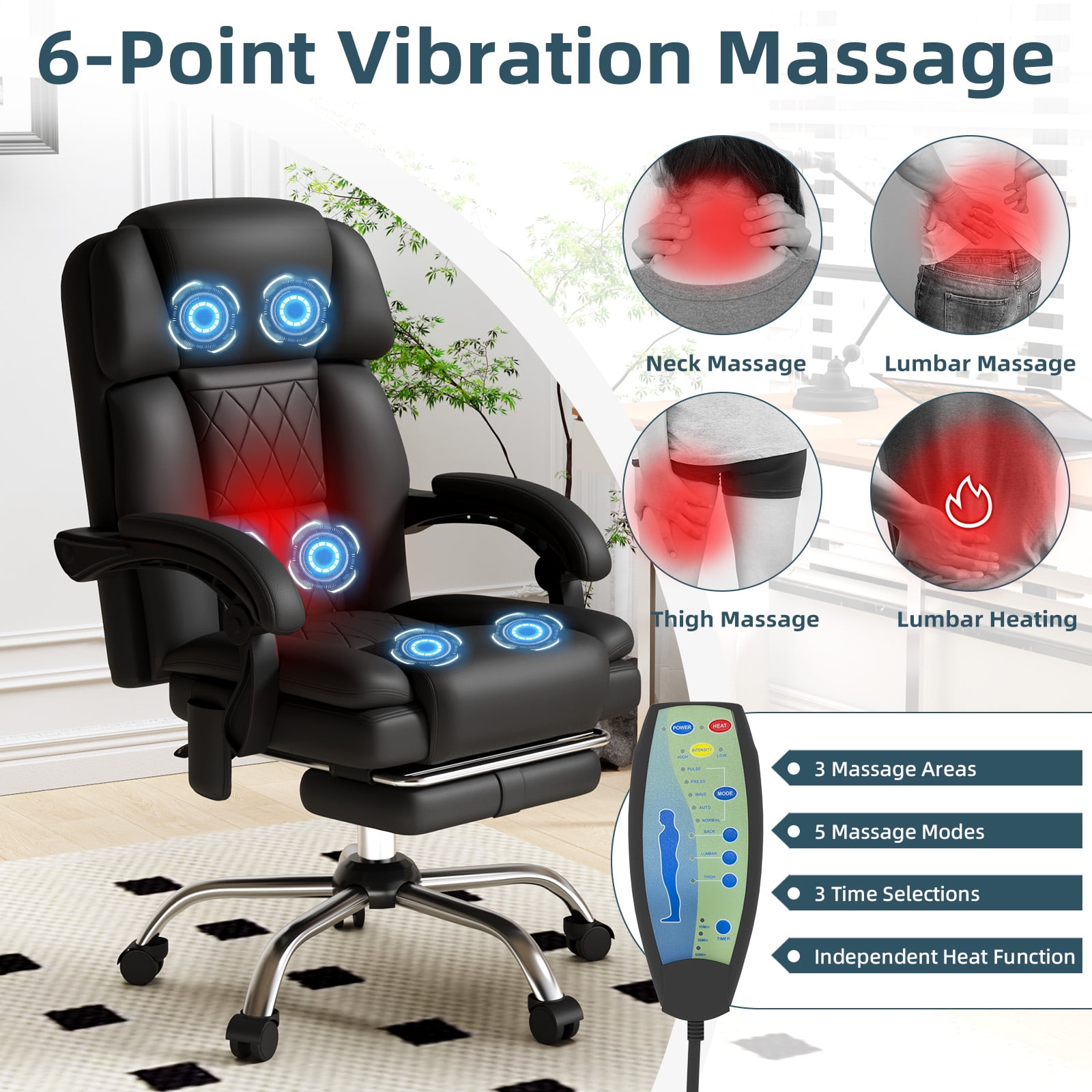6-Point Massage Office Chair with Heat, Ergonomic Reclining Desk Chair with Footrest, PU Leather Executive Chairs for Home Office, Massaging Computer Chair Gift for Men, Black