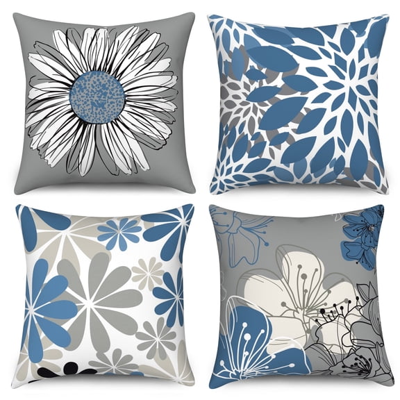DaShan Blue Throw Pillow Covers 18x18 Set of 4,Blue and Grey Floral Decorative Pillow Cases for Bedroom Sofa Couch