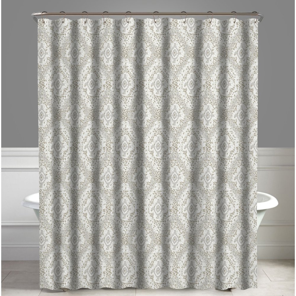 Damask Beige Richmond Water Repellent Shower Curtain 72"X72", Free 12