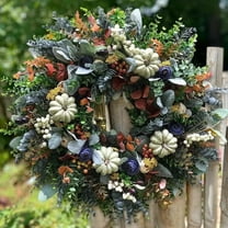 Artificial Fall Wreaths for Front Door Rustic Autumn Wreath with Pumpkin,Rose,Berry Branchesm,Mixed Leaves Thanksgiving Wreath Fall Door Wreath for Halloween Thanksgiving Indoor Outdoor Decor (B17.7)