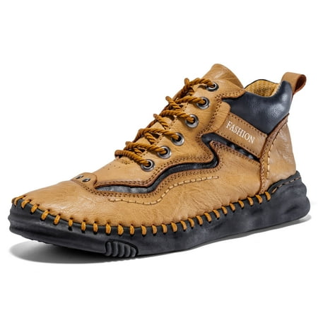 LASUDRAA Mens Leather Shoes Ankle Boots Slip On Lightweight Loafers Mid top Walking Driving Shoes