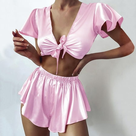 Levmjia Pajamas for Women Set Clearance Summer Plus Size Women Sexy-Lingerie Sleepwear Satin Silk Babydoll Lace Up Nightwear Pajamas Set