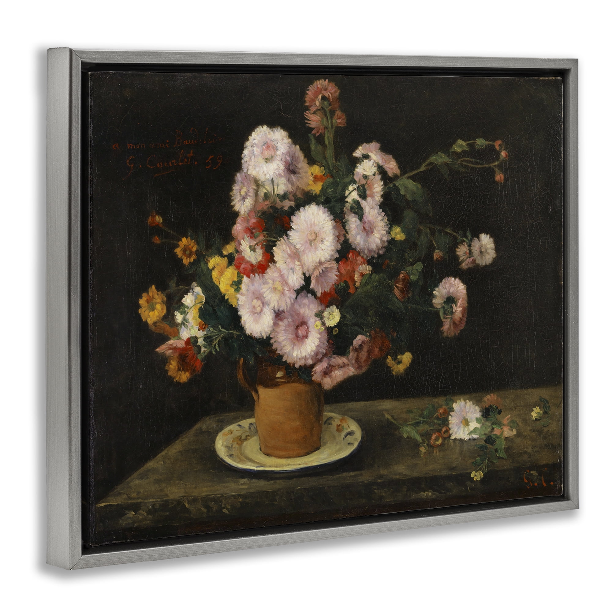 Stupell Industries Classical Bouquet of Asters Plants & Flowers Painting Gray Floater Framed Canvas Art Print Wall Art, 31 x 25
