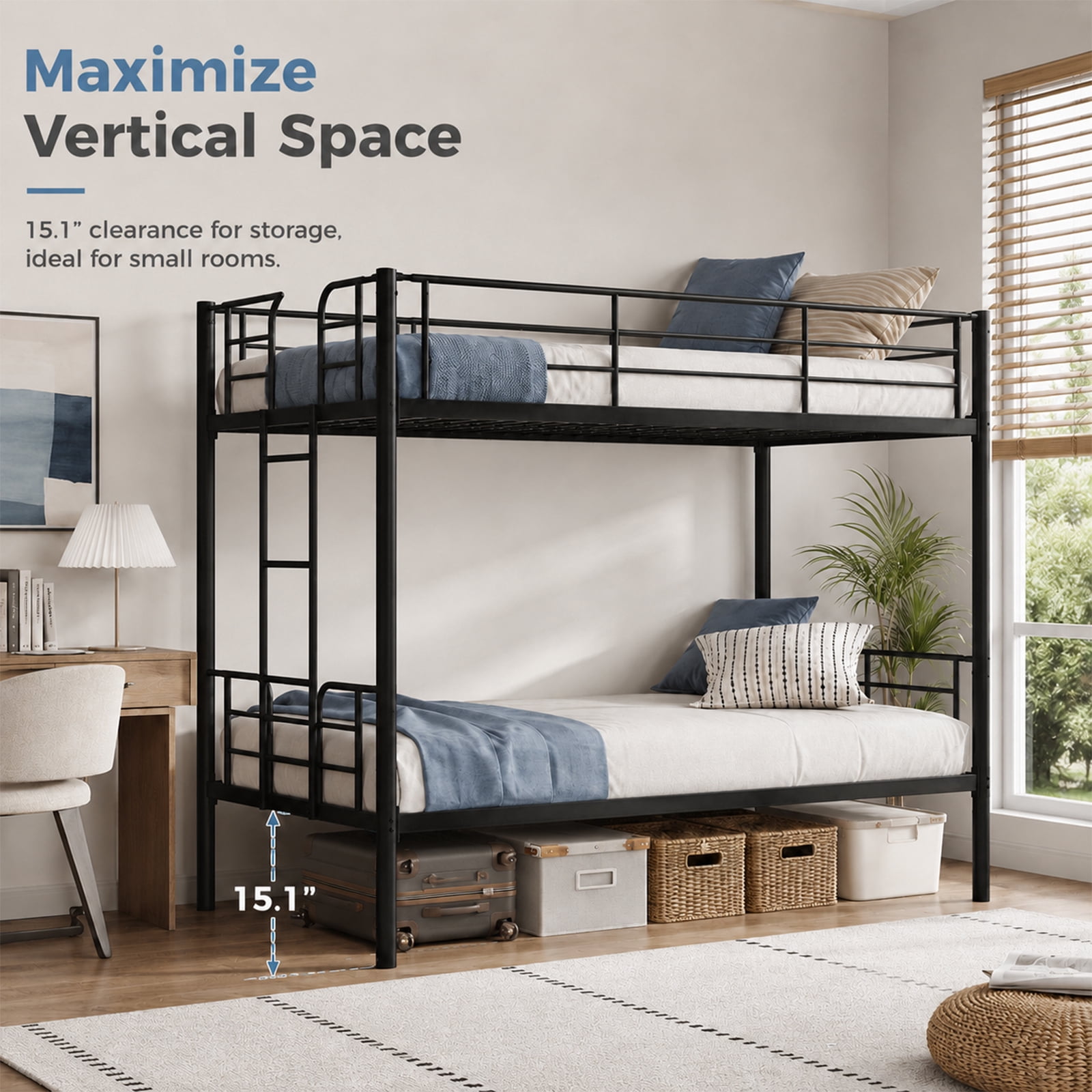 Alvantor Metal Bunk Bed Twin Over Twin with Ladder and Guardrail, 400lb Heavy Frame, Easy Assembly, Steel Bed for School, Bedroom