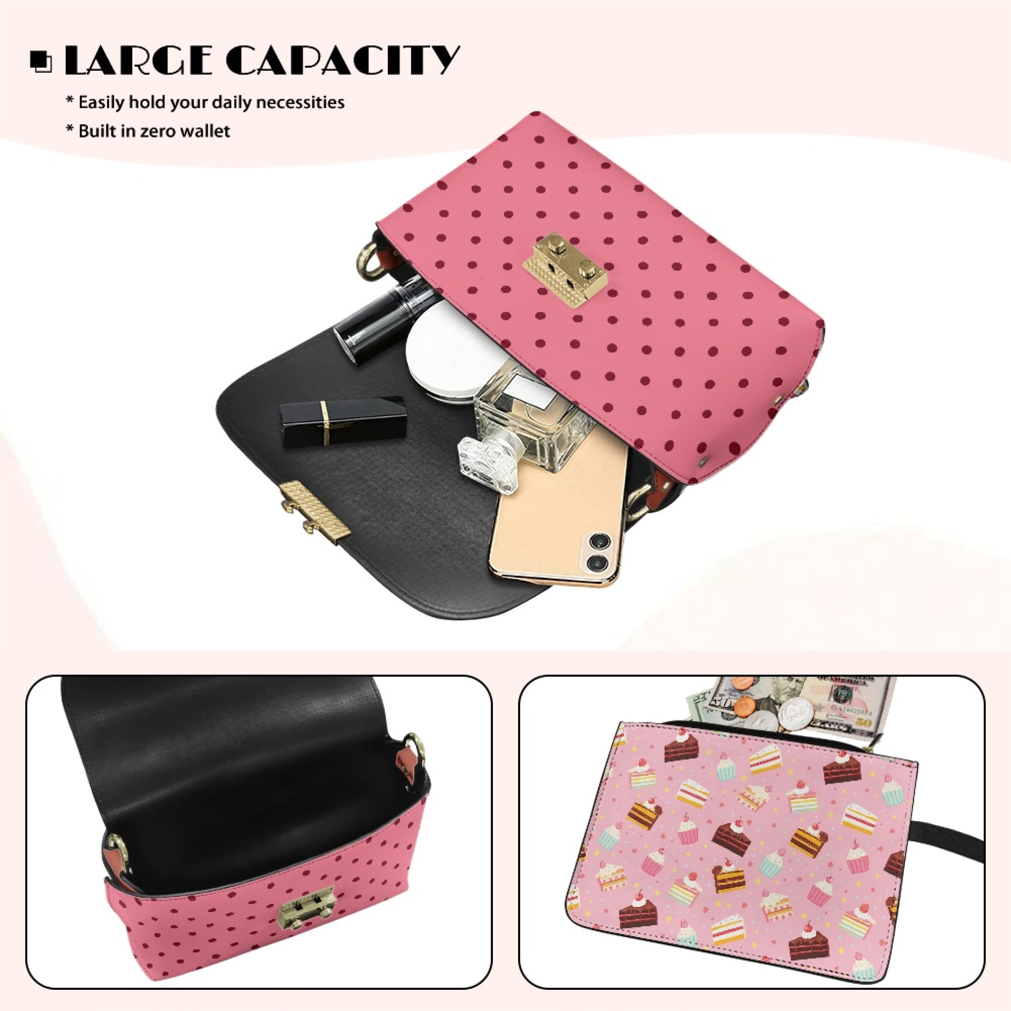 TSOVTHRID Cake Cupcake Print Small Crossbody Bag Trendy PU Leather Crossbody Purse with Detachable Strap Pink Polka Dot Lightweight Women's Shoulder Handbag