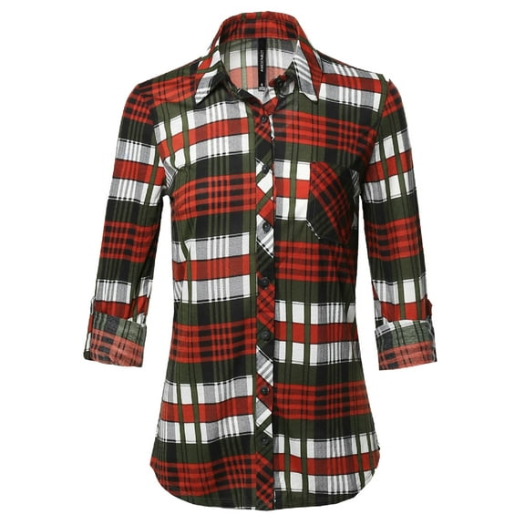 FashionOutfit Women's Casual Lightweight Roll Up Long Sleeve Plaid Button Down Shirts