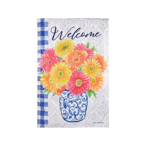 Evergreen Moire House Flag - Welcome Gerberas in Vase, 28 x 44 inch Double Sided