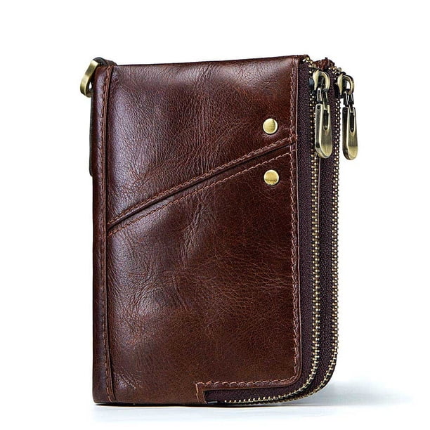 Cartera con tarjetero RFID para hombre, monedero pequeño de cuero auténtico con doble cremallera, bolsillo para monedas, bolso de mano para hombre