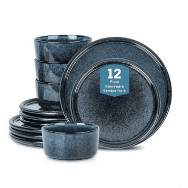 12-Piece Dinnerware Set Stoneware, Plates and Bowls Set, Dishwasher and Microwave Safe Dish, Dish Set for 4, Dark Blue