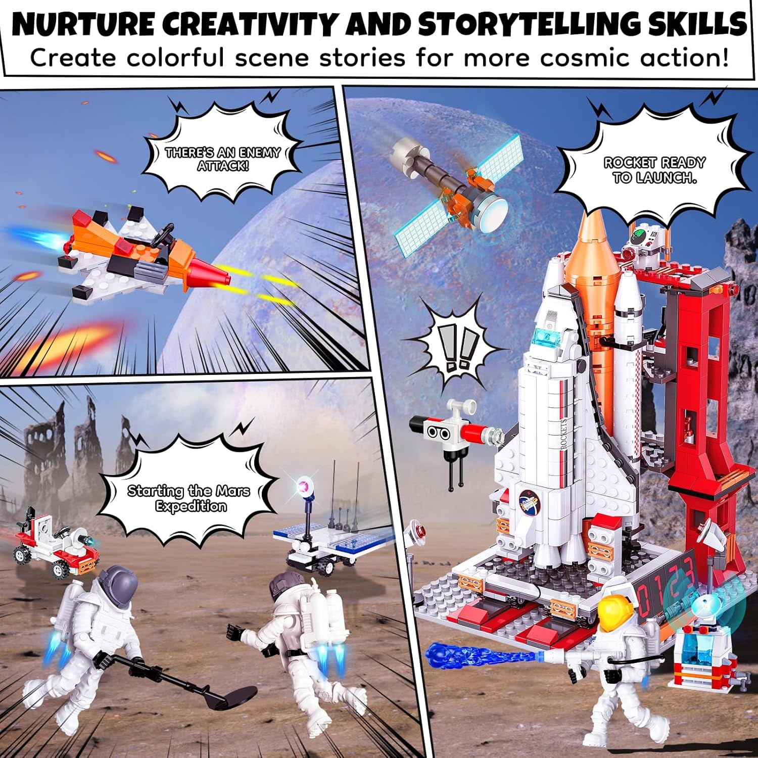 OKKIDY ABS Space Exploration Shuttle Building Blocks, 12-in-1 STEM Rocket Toy with 3 Astronauts, Compatible with Lego, Gift Idea for Ages 6+, 885 Pcs