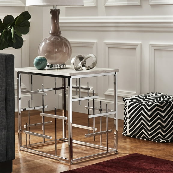 Weston Home Paityn Chrome Finish and White Faux Marble Top End Table