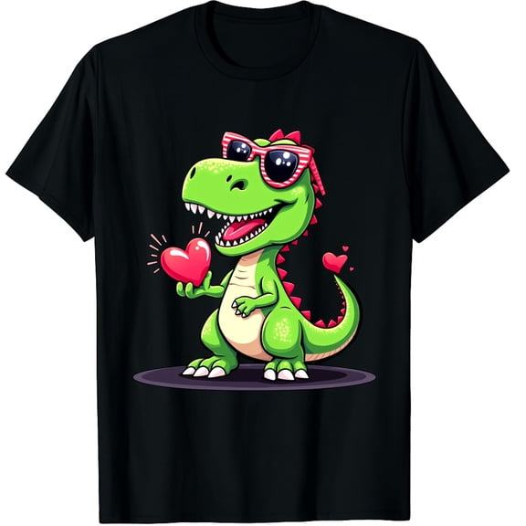 Dinosaur Trex Holding Heart Wearing Sunglass Valentines Day Graphic Black T-Shirt for Men and Women