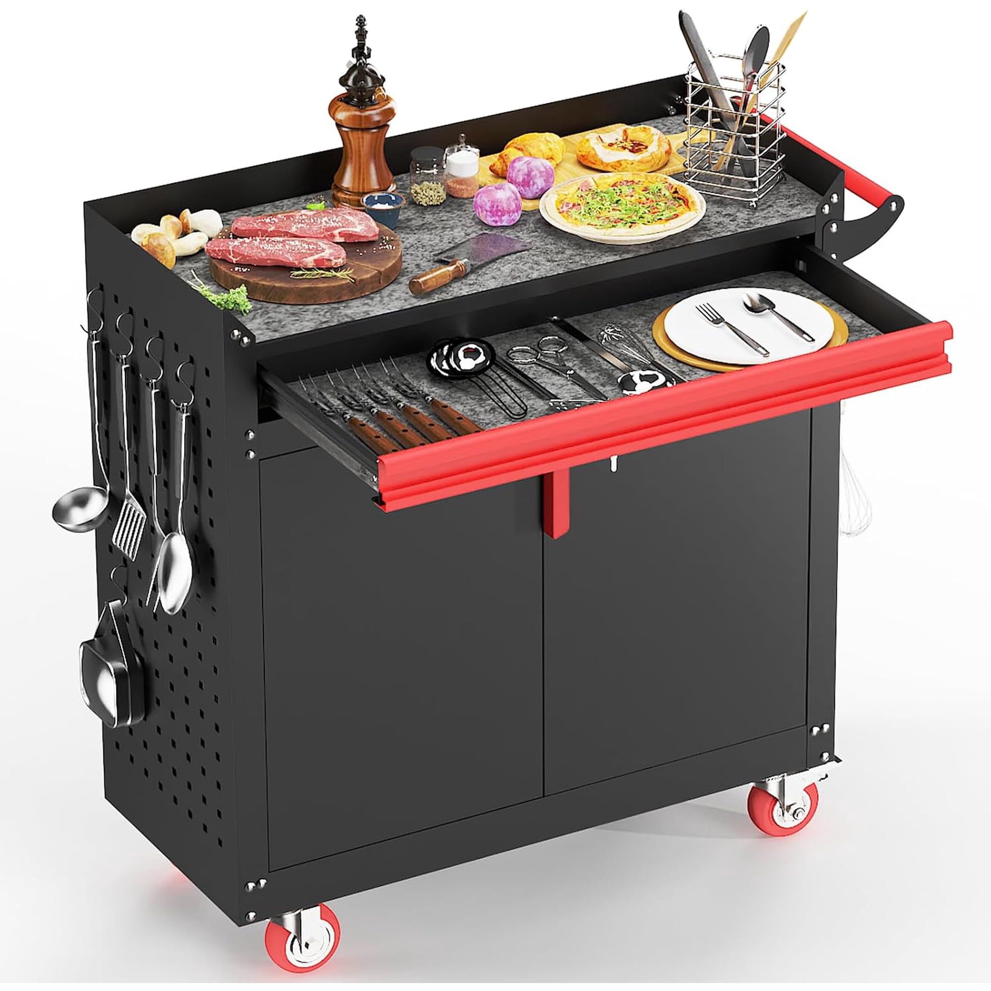 Metal Grill Cart with Storage & Wheels, Outdoor Grill Table for Kitchen Prep & Patio BBQ, Adjustable Shelf