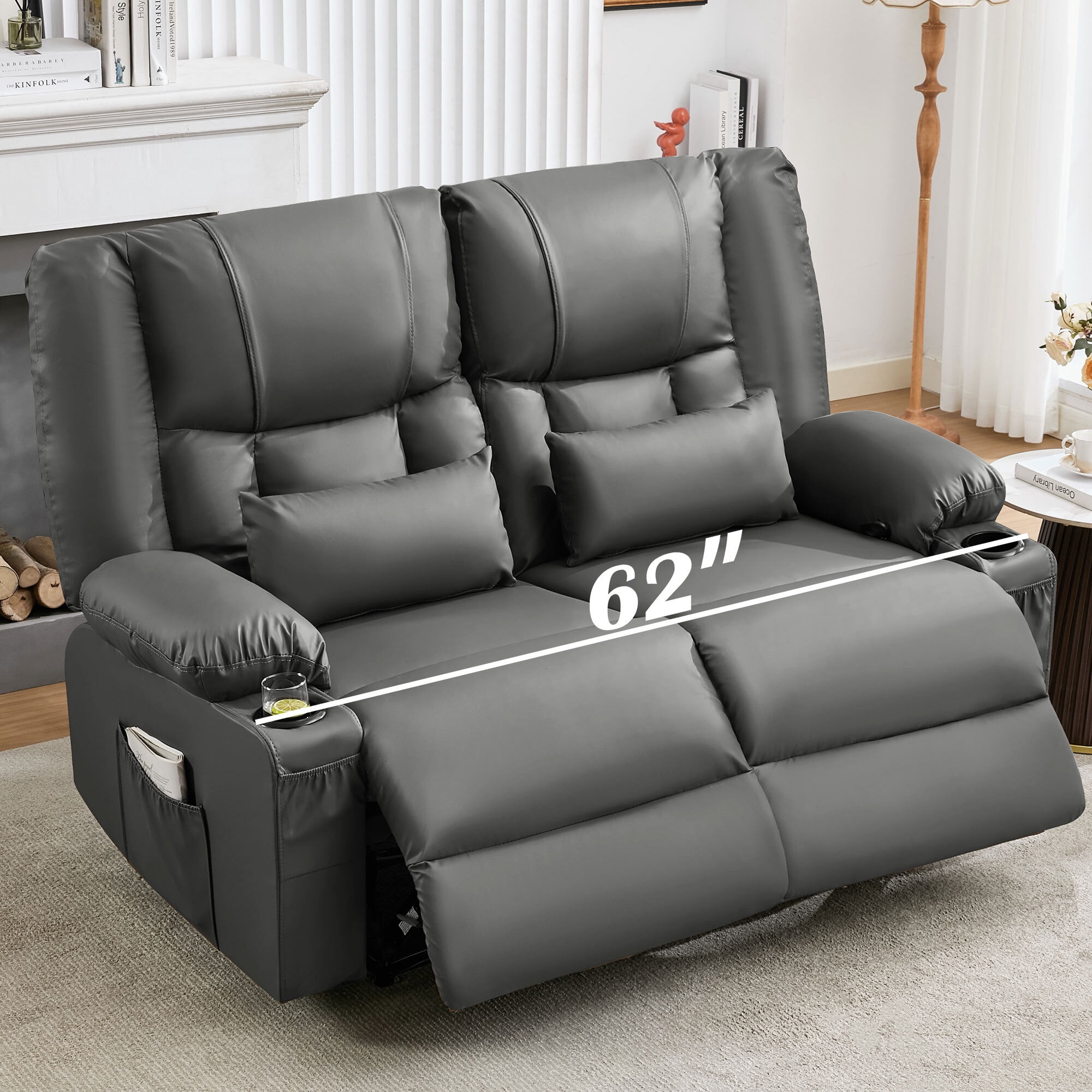 Alvantor Loveseat Recliner Sofa for Adults with Massage & Heating, Modern Leather Manual Recliner Chair with Cup Holders for Home Theater Gray