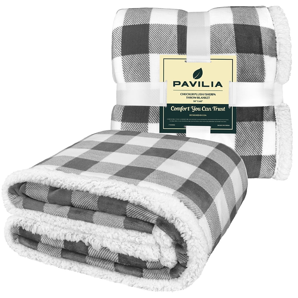 PAVILIA Buffalo Plaid Throw Blanket for Sofa Couch | Soft Flannel Fleece Re : Pavilia Black \u0026 White Buffalo Plaid Sherpa Bed Blanket