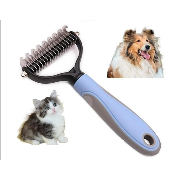 Cepillo de peinado para gatos o perros de pelo largo. Animal Brush Doble Hoja Desenredante para eliminar los enredos debajo del pelo y cepillar a tu mascota de forma segura (azul)