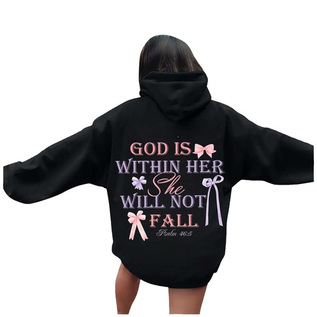 Womens Hoodie Fall Pullover Hoodie with Eye Catching Alphabet Design Trendy Oversized Fit Drop Shoulder Design Women's Sweaters Black L