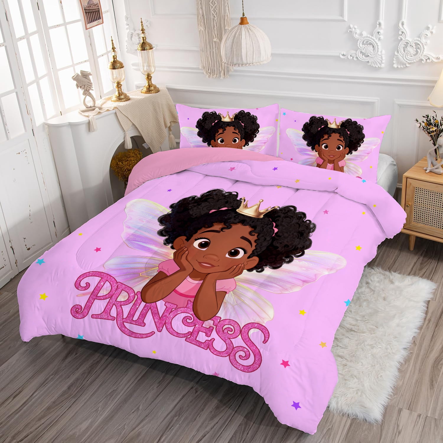 Black Girl Comforter Sets Twin Size Princess with Wings Bedding Set,Pink Purple Stars Glitter African American Comforter Set for Kids Girls 3pcs