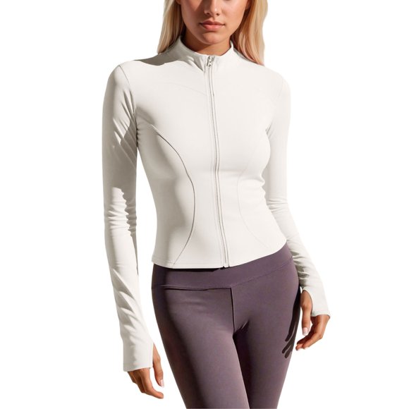 Tiweut Yoga Jackets for Women Lightweight Stretchy Zipper Workout Running Slim Fit Athletic Outerwear Ladies Outerwear Beige,L