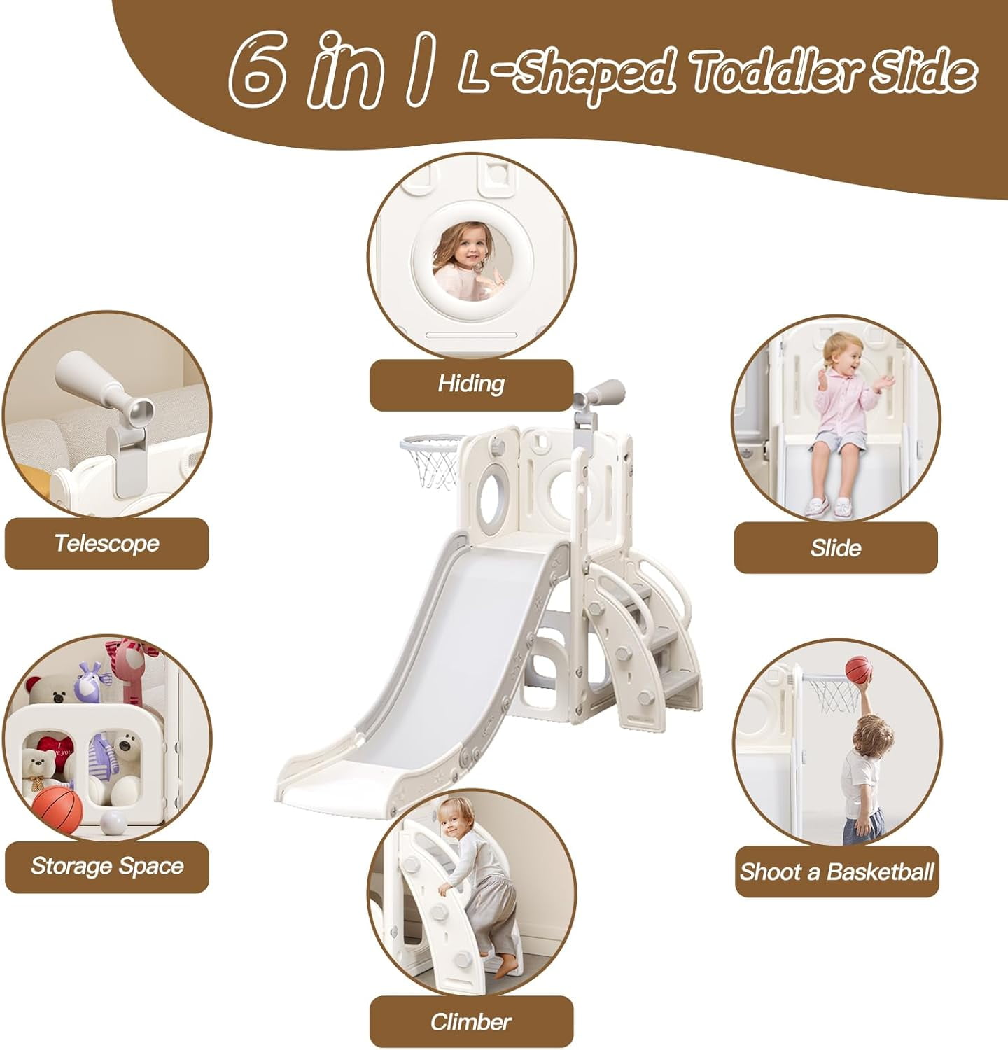 6 in 1 Toddler Playset with Slide, Kids Slide with Basketball Hoop, Ball, Ring Toss, Indoor Outdoor Toys White