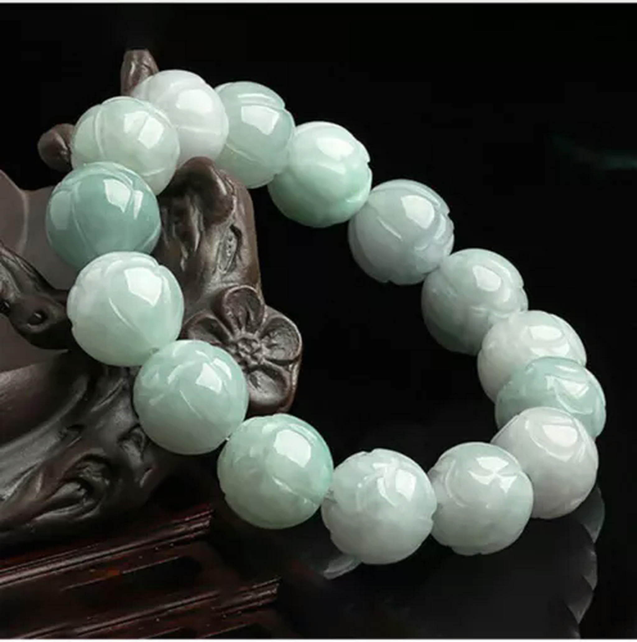 HOOUN Natural A-Grade Jade Bracelet Lotus Beaded Jade Bracelet for Men and Women-13.5mm