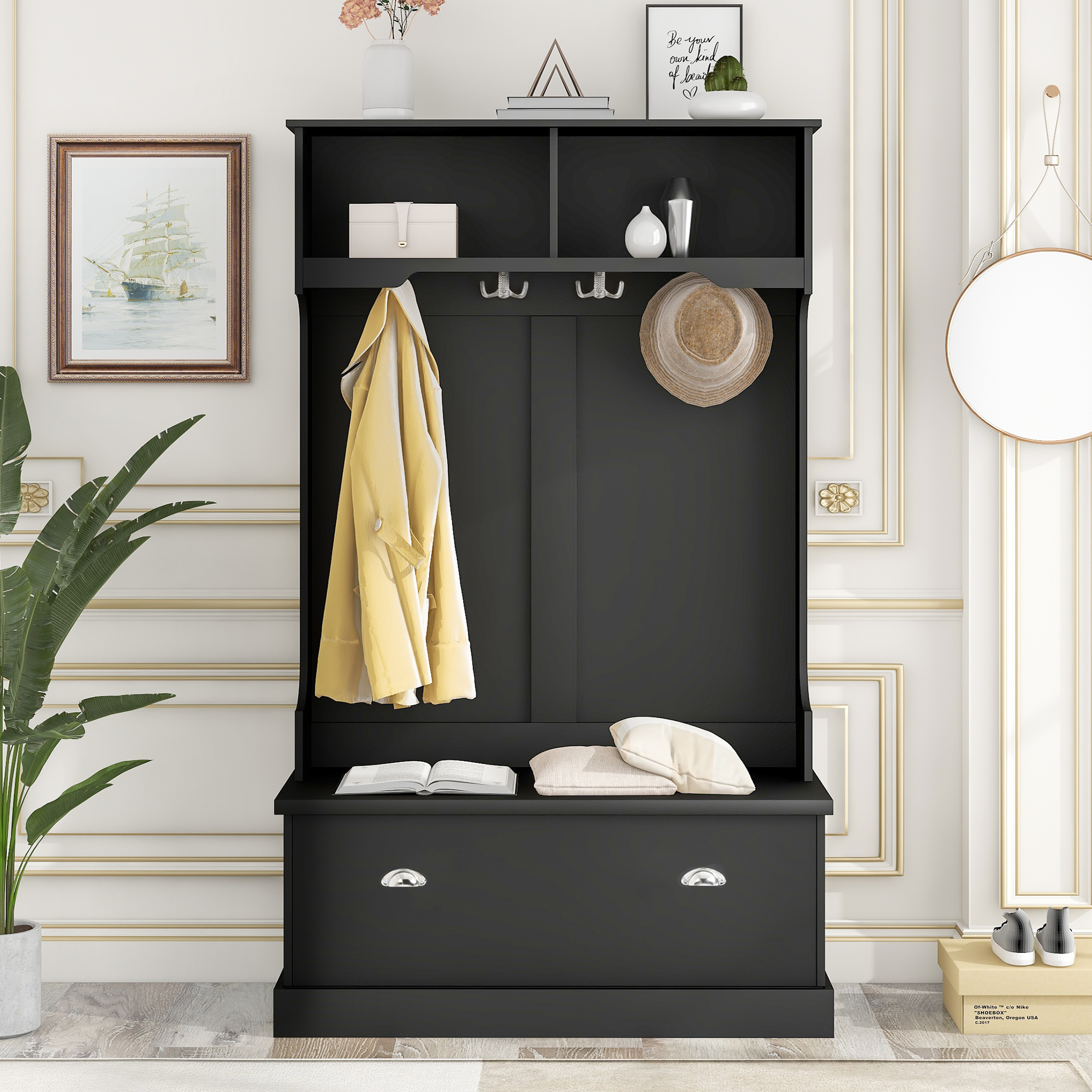 Takasan Hall Tree with 4 Hooks, Coat Hanger, Entryway Bench, Storage