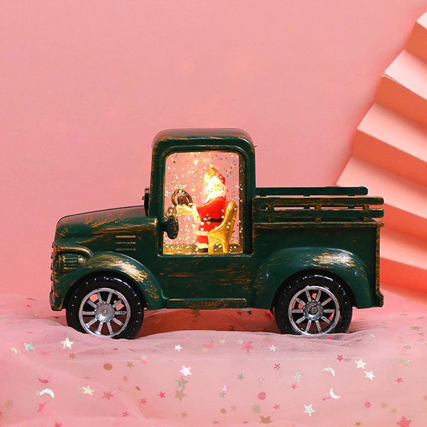 Adornos de tractor de conducción de Papá Noel, linternas de viento de inyección de agua, lámparas de aceite, adornos de decoración de mesa, modelo de coche de camión de metal, luz LED para decoración de mesa navideña (verde) ER