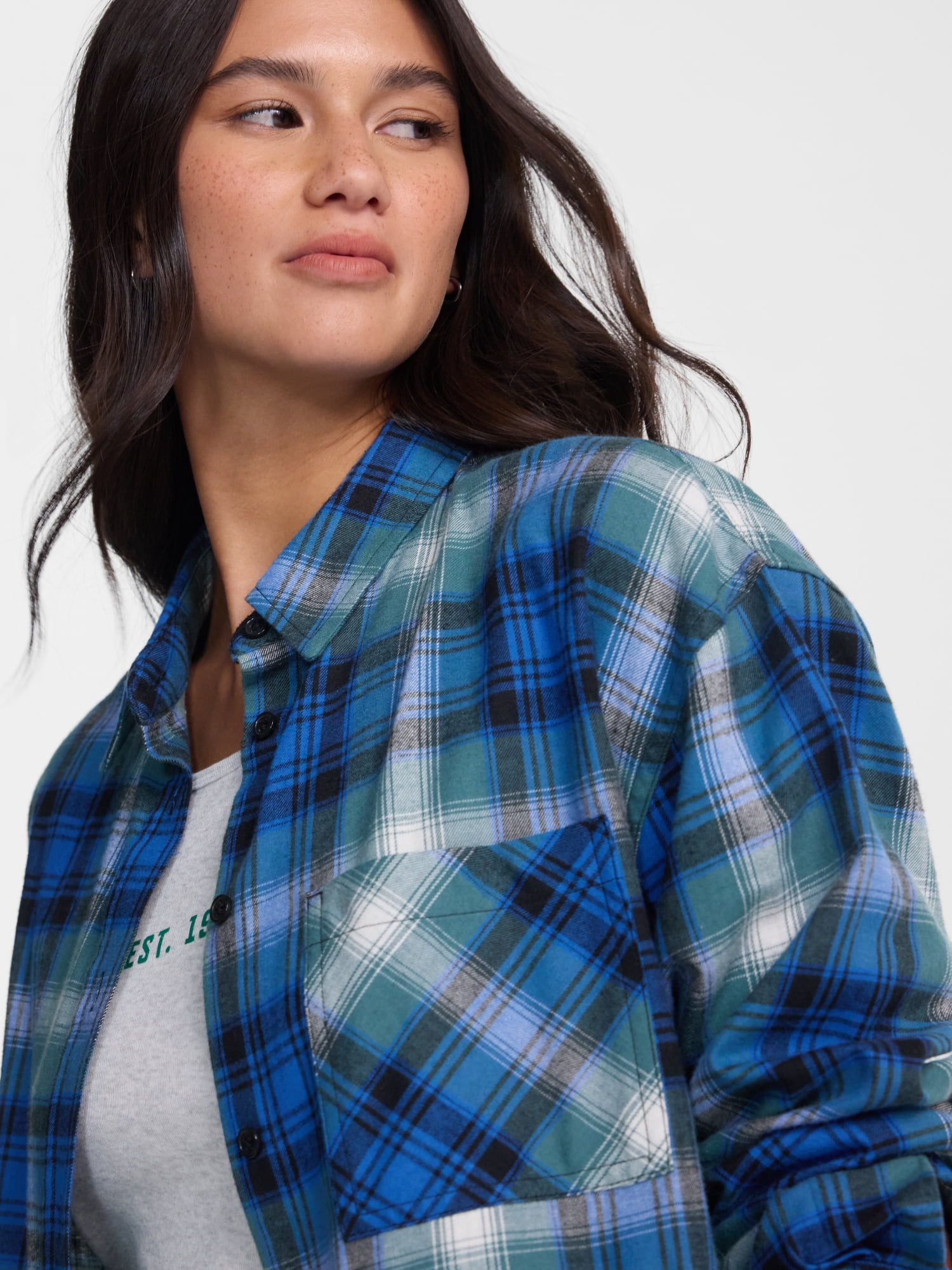 No Boundaries Plaid Flannel Shirt with Long Sleeves, Women's XXS-XXL