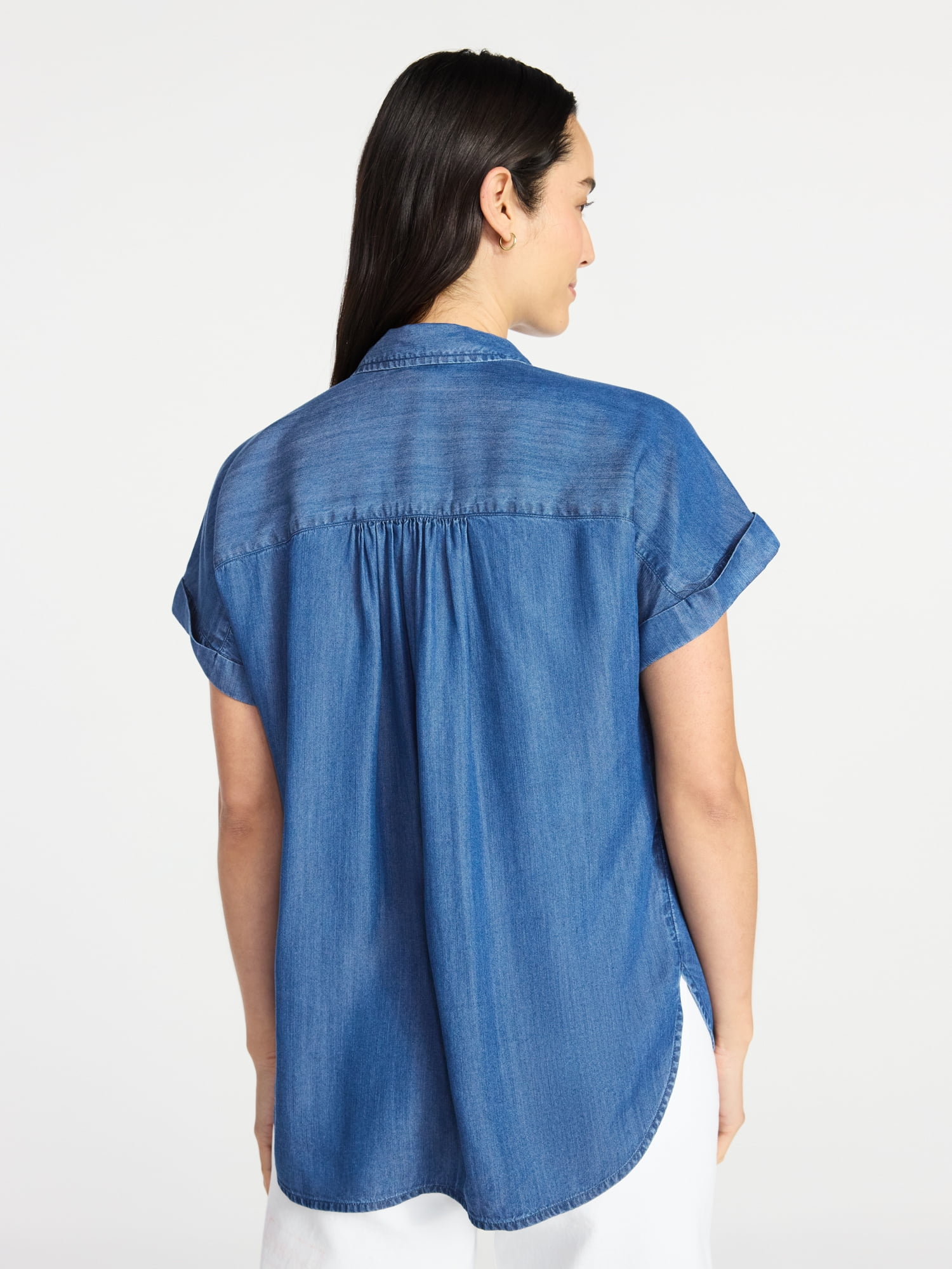 Time and Tru Women's Chambray Camp Shirt with Short Sleeves, Sizes XS-XXXL