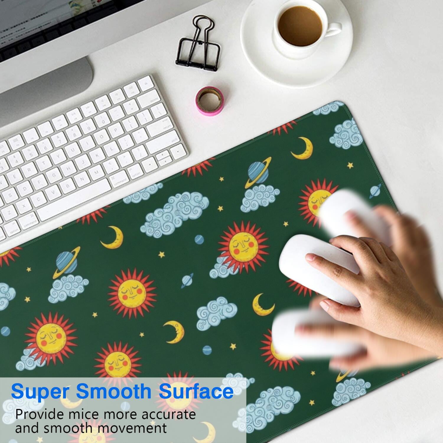 Long Mouse Pads for Desk,Green Sun Moon Cloud Planet Pattern Desk Mats on Top Of Desks, Desk Mouse Pad Extra Large with 3mm Non-Slip Base and Stitched Edge for Gaming,Office,Work,Home 35.4"x15.7"