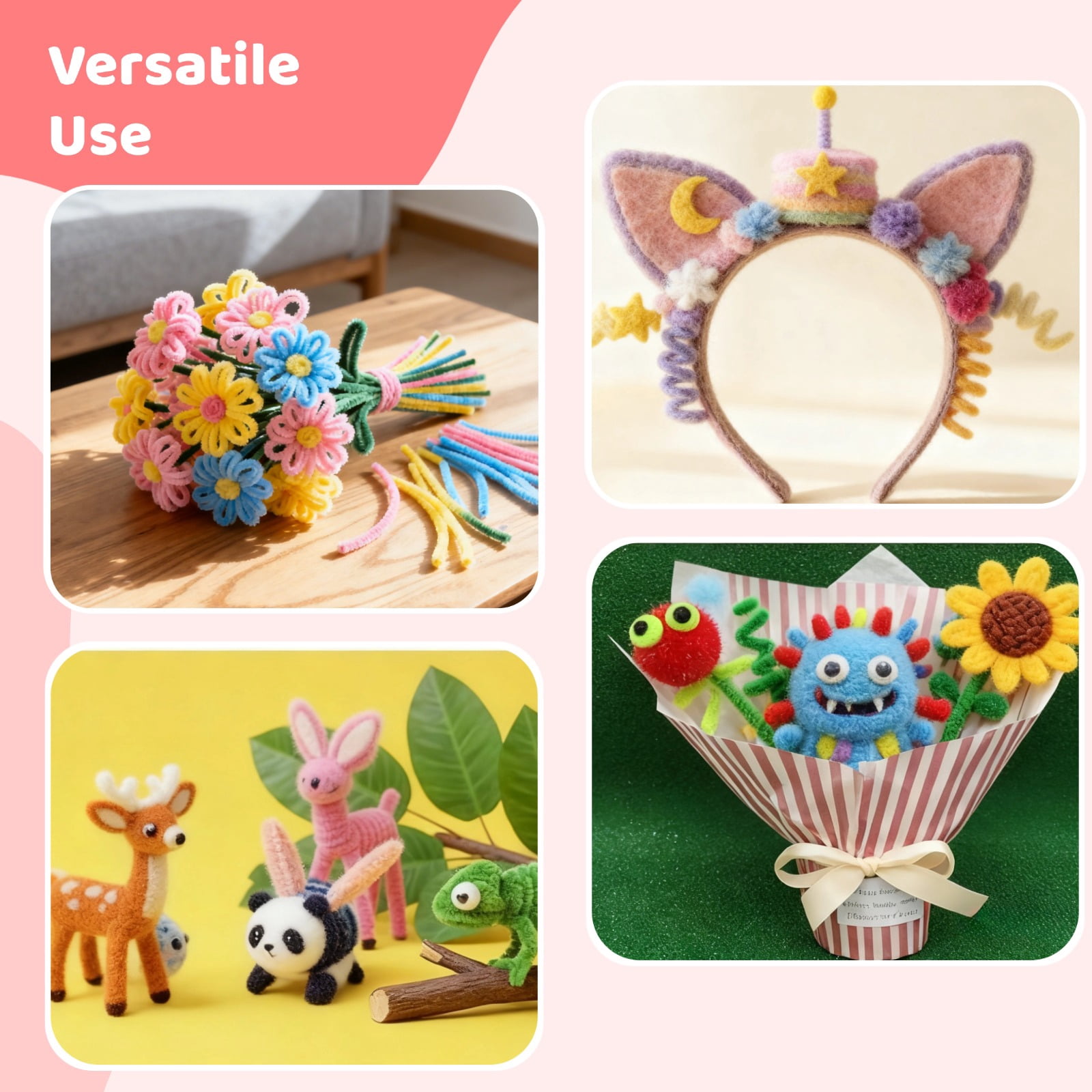 1300 Pcs Pipe Cleaners Craft Set, Chenille Stems in 13 Colors, 30 Flower Stalks, 2 Rolls Floral Tape, Pearl Stickers and Stamens, 11.8 in Bendable Twist Sticks for DIY Art Projects