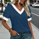 thumbnail image 4 of Mujeres Tops Casual Color Bloque Manga Corta V Cuello Blusa Moda Verano Primavera Respirable, 4 of 9