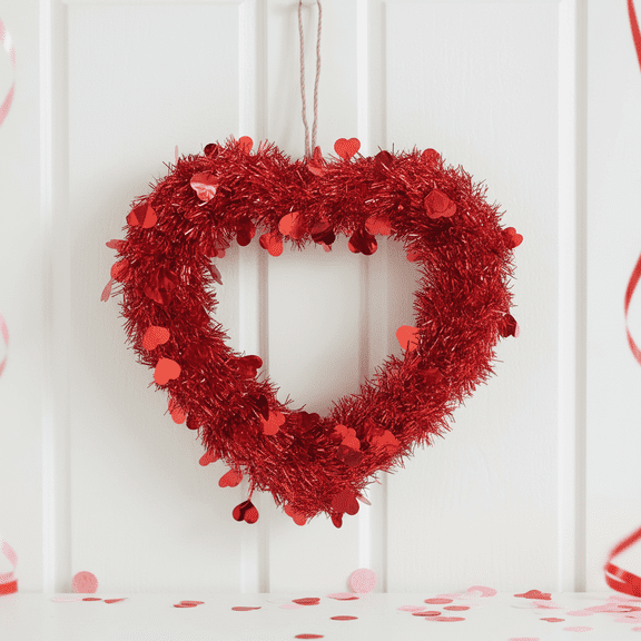 Valentine's Day Heart Shaped Wreath Love Hanging Decoration Anniversary Wedding Proposal Party Home Wall Door Ornament 14x12 Inch Red