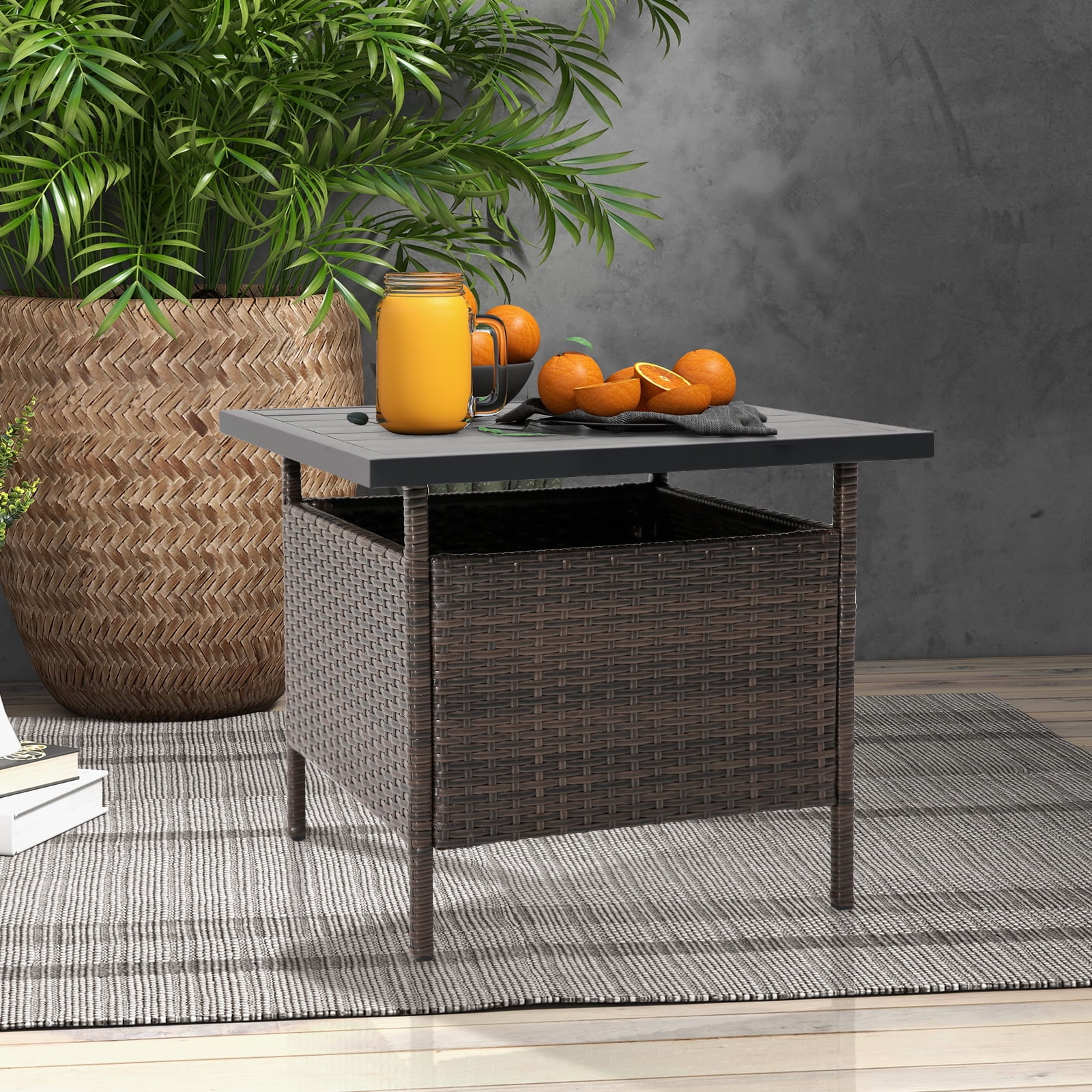 BLACK JAGUAR Outdoor Wicker Table Rattan Coffee Table w/ Umbrella Insert Hole PE Tabletop & Sturdy Metal Frame