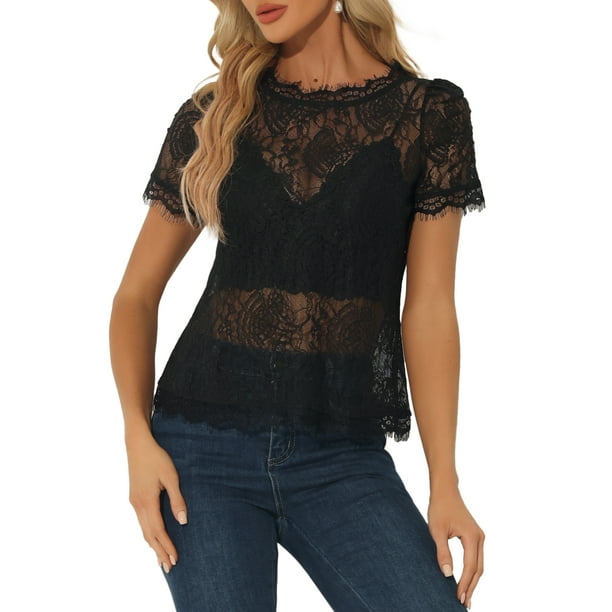 INSPIRAR CHIC Blusa de Encaje Floral con Corte Escallopado de Manga Corta Semi Transparente XS Negros