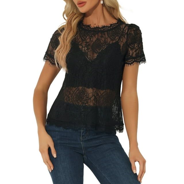 INSPIRAR CHIC Blusa de Encaje Floral con Corte Escallopado de Manga Corta Semi Transparente L Negra
