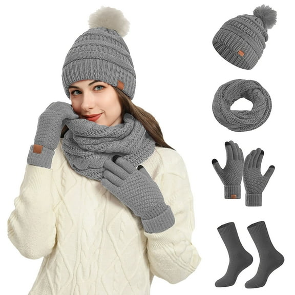 4 Pieces Winter Beanie Hat Scarf Touchscreen Gloves and Thick Socks Set Knit Lined Warmer for Men and Women