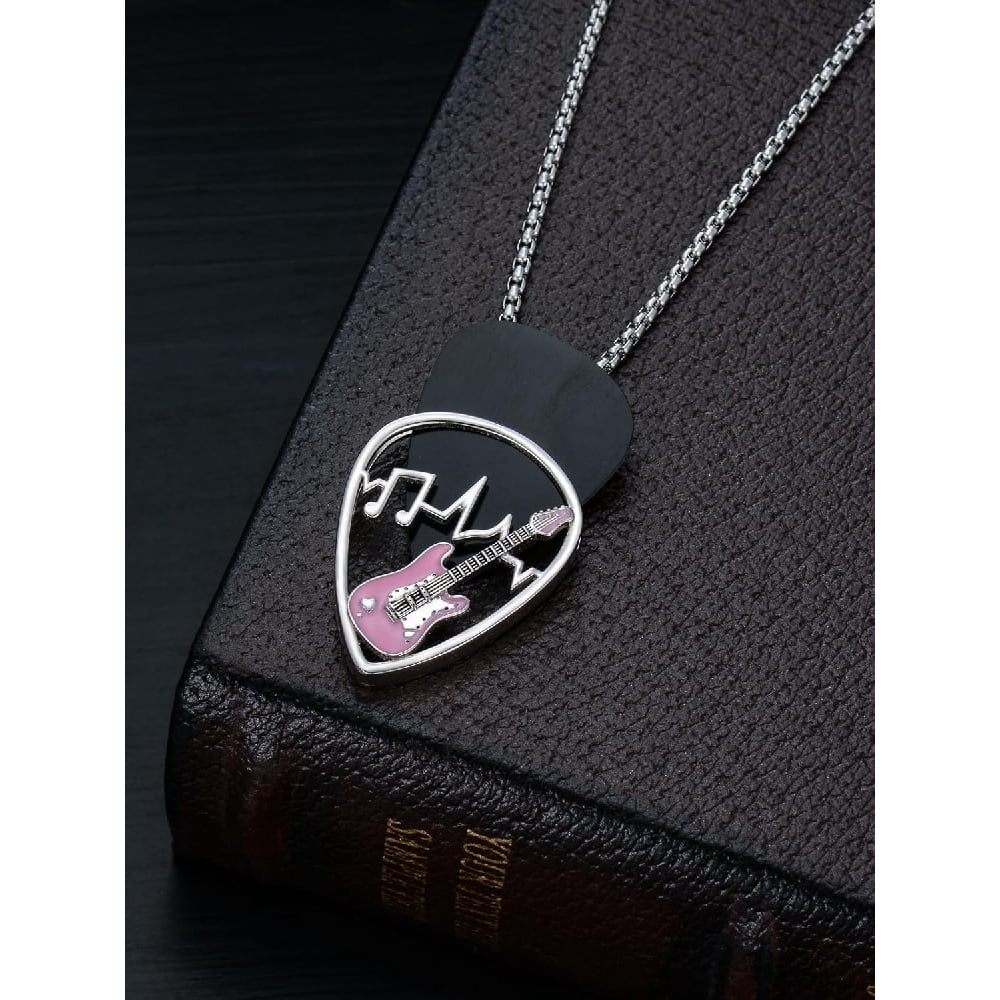 CACA LADY Guitar Pick Holder Necklace Guitar Pick Necklace for Men Sterling Silver Soundwave Guitar Pick Necklace Holder Guitar with Music Note Pendant Jewelry Guitar Gift for Guitar Players Lovers M