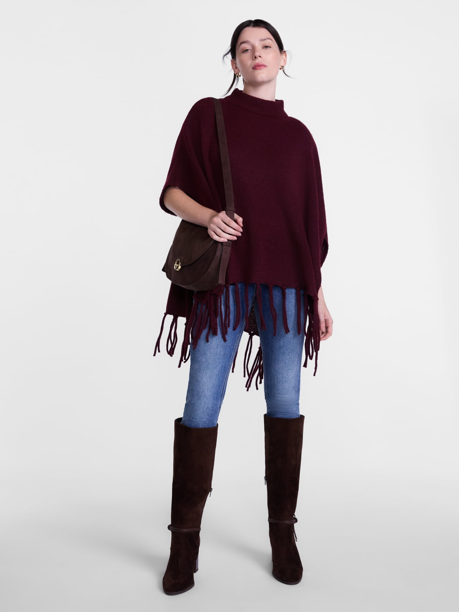 Scenario Women's Mock Neck Fringe Poncho, Sizes S-XL