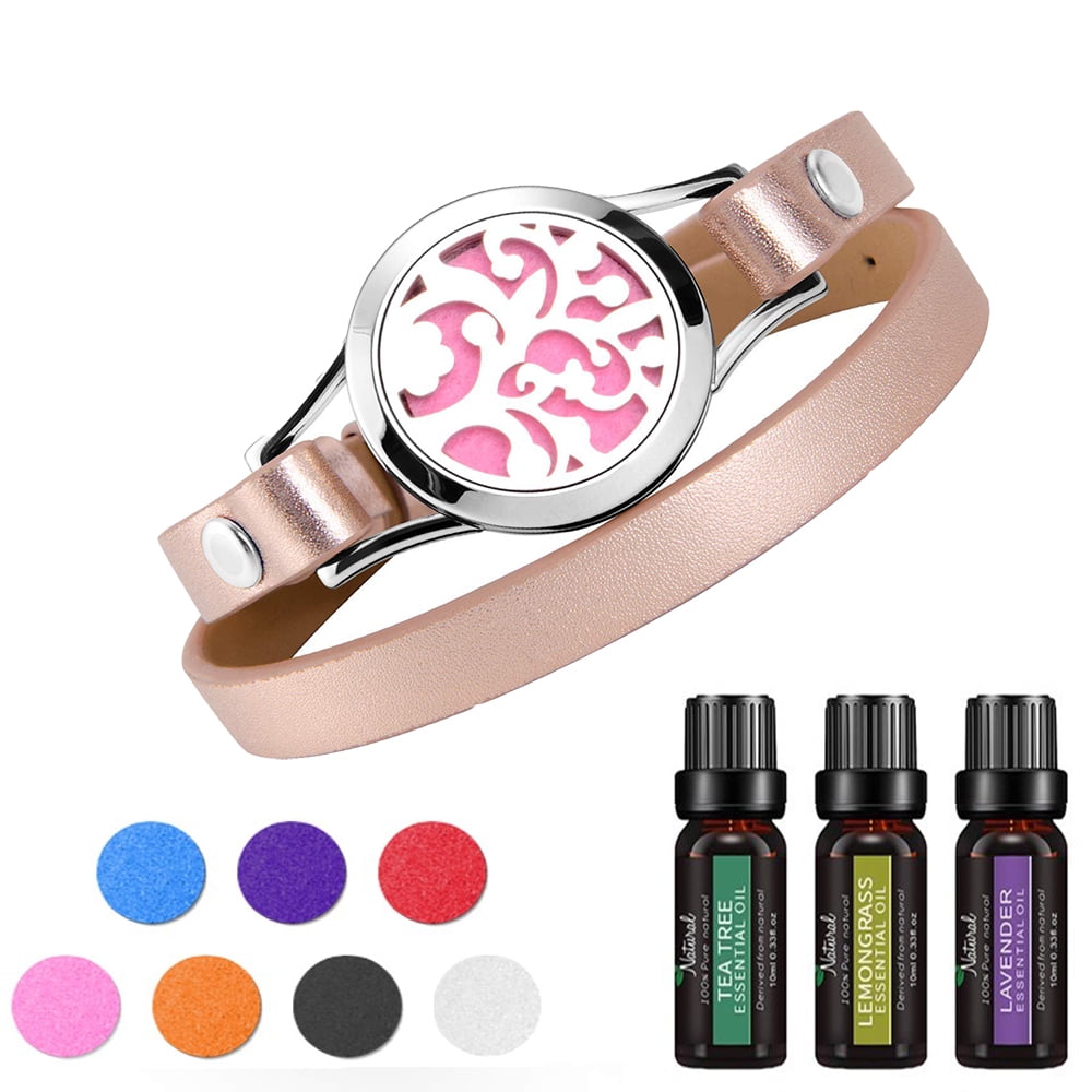 Homechum Aromatherapy Diffuser Bracelet Jewelry Gift Set, Includes 3 Pure Essential Oils, Lavender, Lemongrass, Tea Tree, Leather Wrap Band/Pendant, 8 Color Pads
