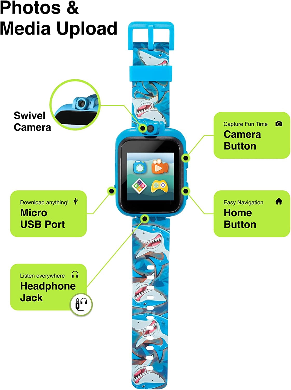 PlayZoom 2 Kids Smartwatch - Video Camera Selfies STEM Gift for Kids (Shark Print in Blue)