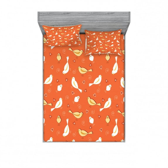Orange Bedding Set with Sheet & Covers, Birds with Heart Shapes Swirling Patterns on Burnt Orange Vintage Backdrop, Printed Bedroom Decor 2 Shams, 4 Sizes, Orange Yellow White, by Ambesonne