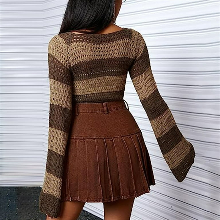 Womens Crochet Knitted Crop Top Pullover Sweater Long Sleeve Womens Crochet Knitted Crop Top Pullover Sweater Long Sleeve