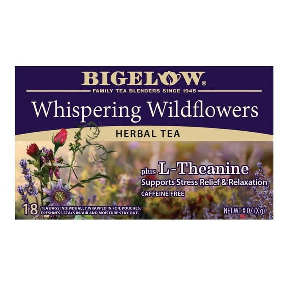 (4 pack) Bigelow Whispering Wildflowers Plus L-Theanine, Caffeine-Free Herbal Tea Bags, 18 Count